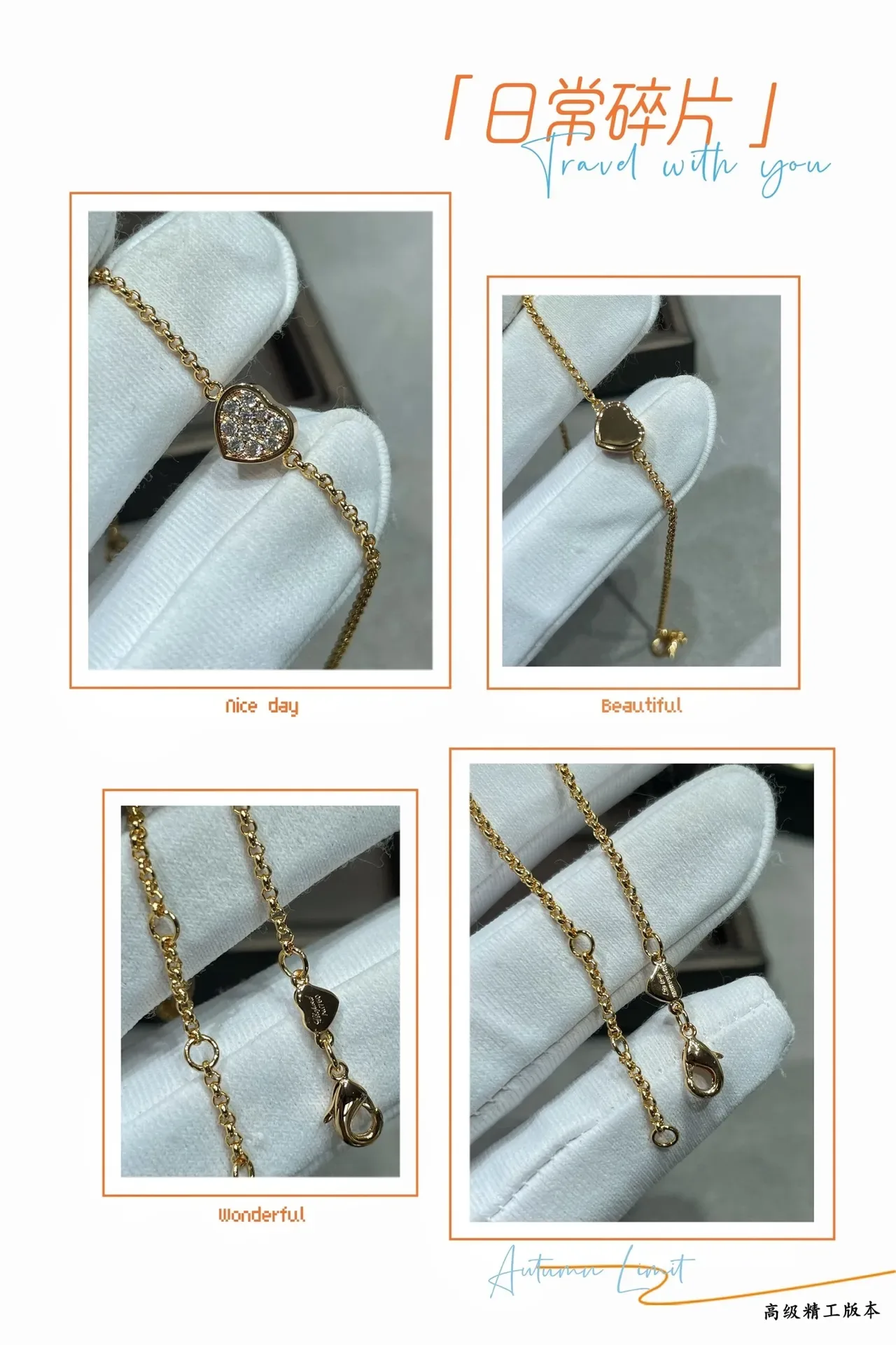 Silver Gold Pave-Set Heart Charm Fine Chain Link Bracelet 2
