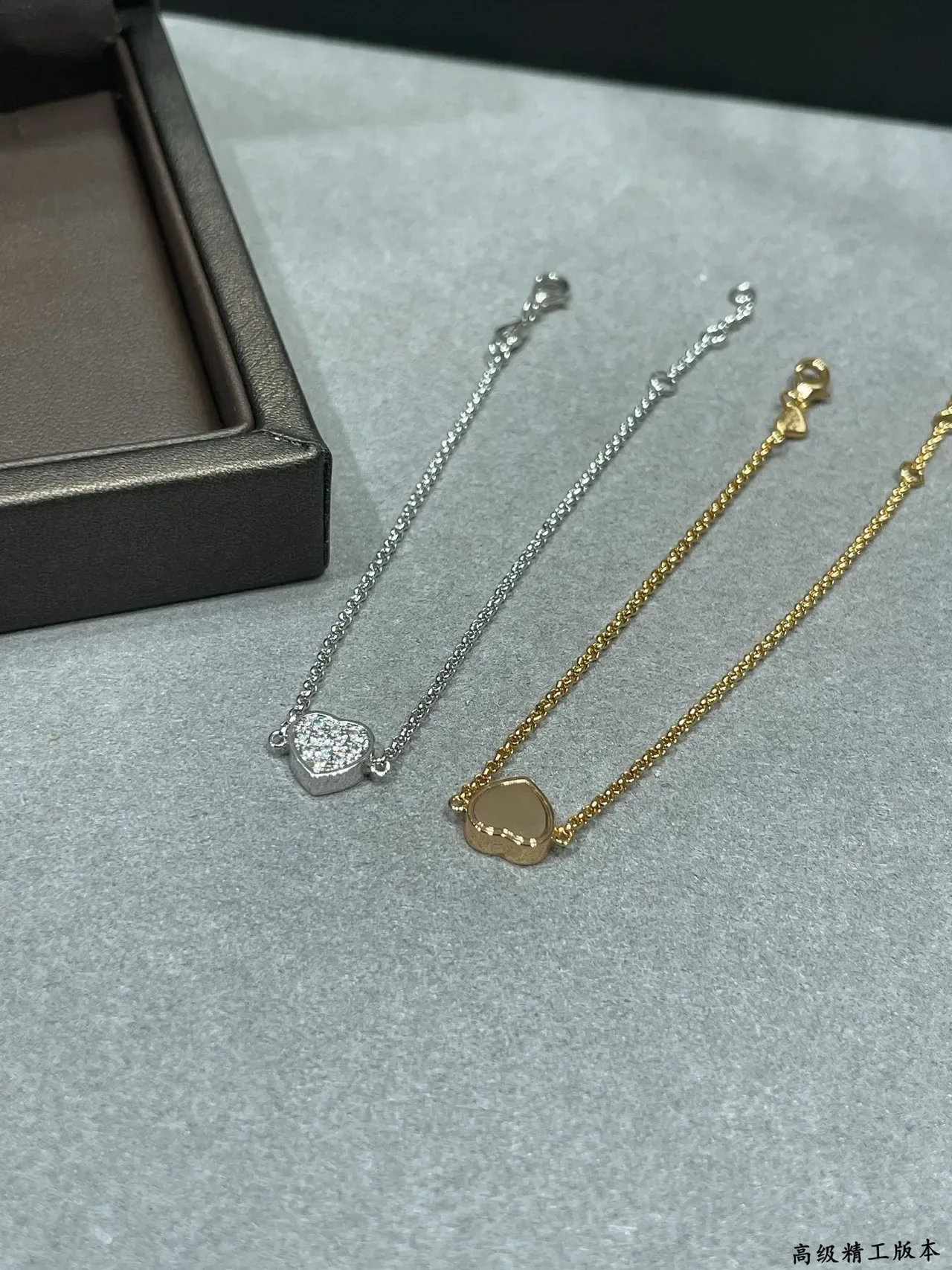 Silver Gold Pave-Set Heart Charm Fine Chain Link Bracelet 7