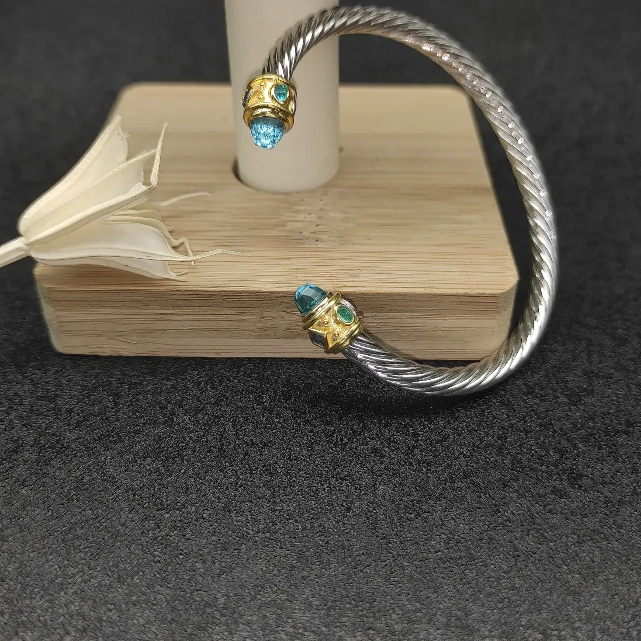 Silver Gold Twisted Cable End Caps Bracelet 8