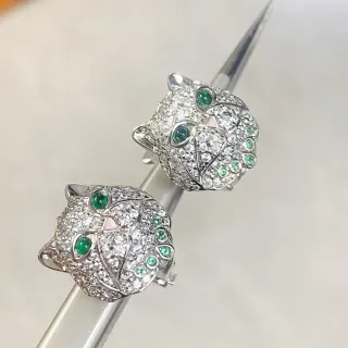 Silver Green Cat-Head Motif Pavé-Set Clear Stones Ring