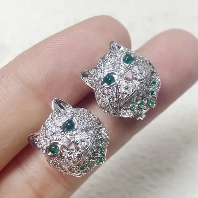 Silver Green Cat-Head Motif Pavé-Set Clear Stones Ring 3