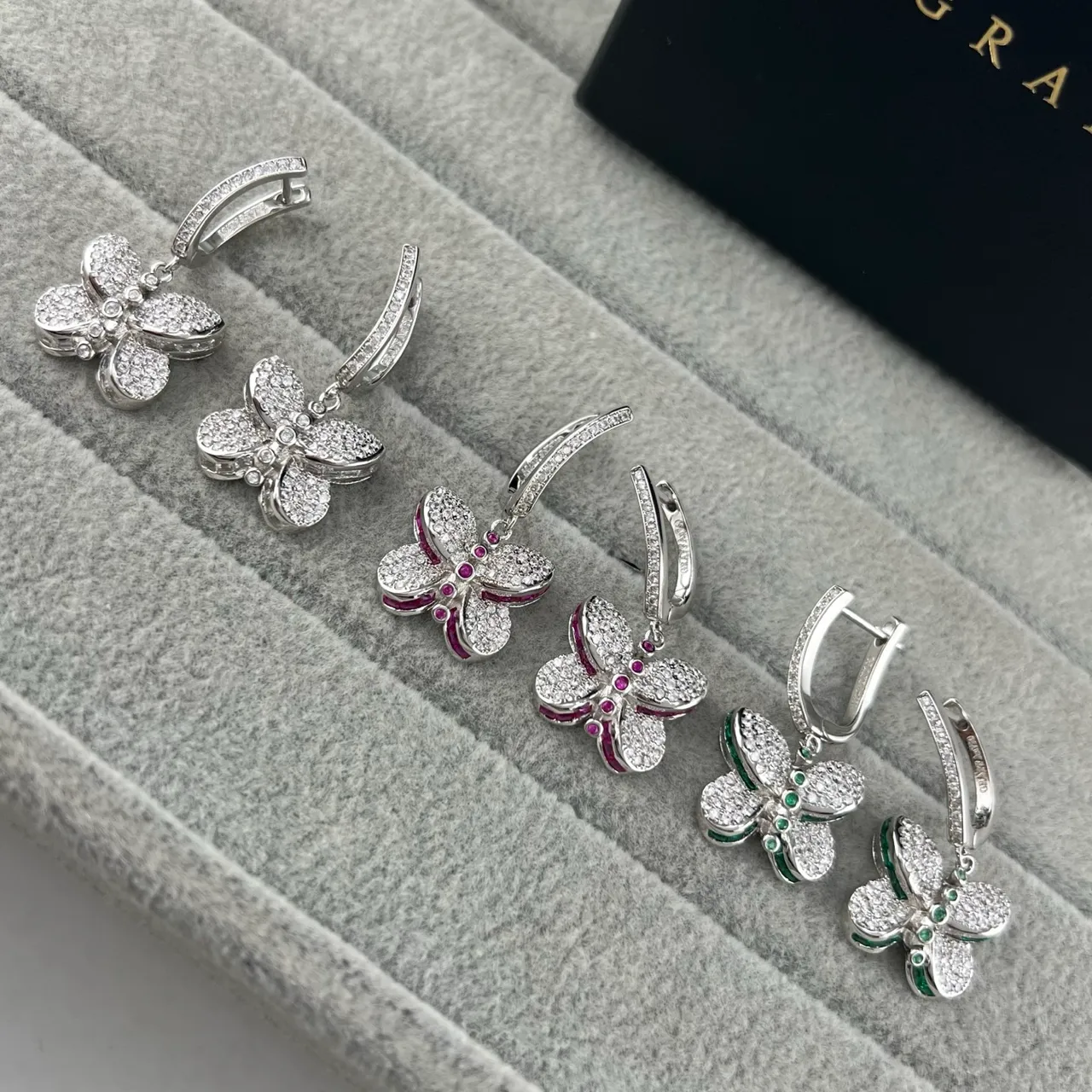 Silver Multicolor Butterfly Pendant Pavé-Set Earrings 1