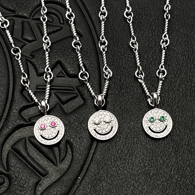 Silver Multicolor Twisted Rope Chain Pave-Set Smiley Face Pendant Necklace 1