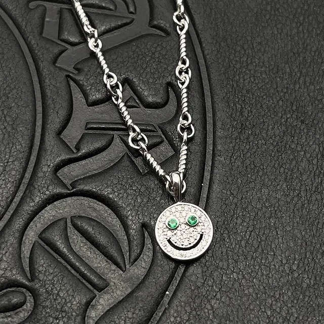 Silver Multicolor Twisted Rope Chain Pave-Set Smiley Face Pendant Necklace 4