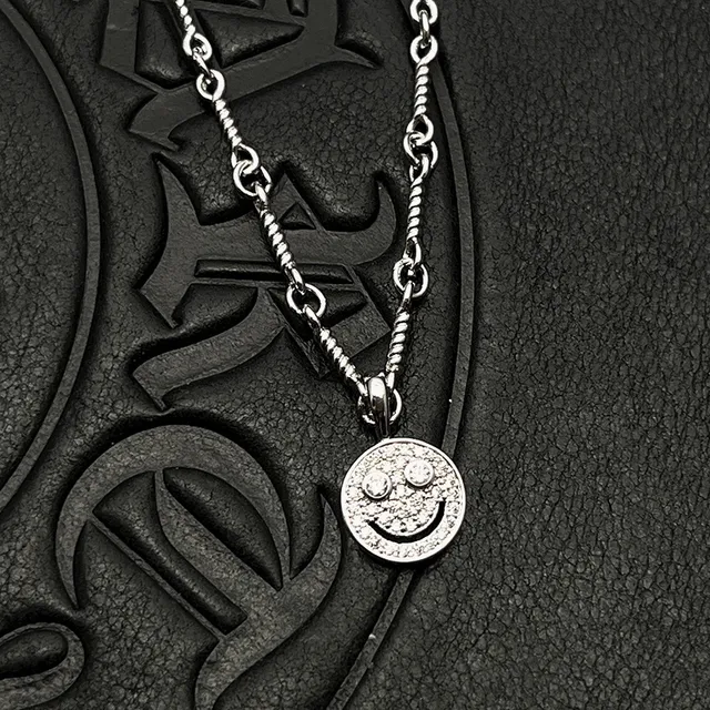 Silver Multicolor Twisted Rope Chain Pave-Set Smiley Face Pendant Necklace 5