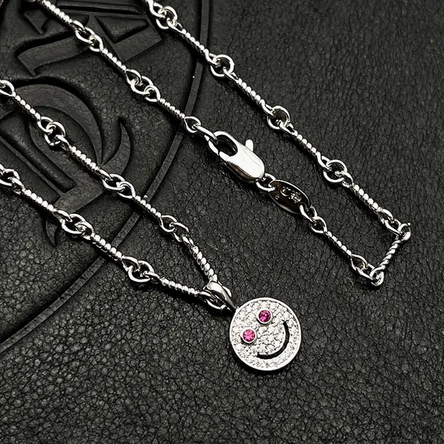 Silver Multicolor Twisted Rope Chain Pave-Set Smiley Face Pendant Necklace 6