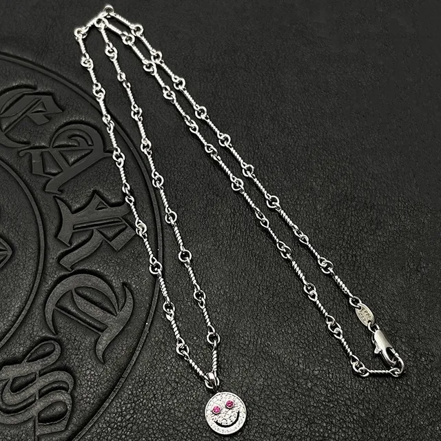 Silver Multicolor Twisted Rope Chain Pave-Set Smiley Face Pendant Necklace 7