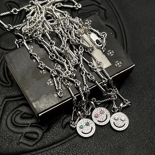 Silver Multicolor Twisted Rope Chain Pave-Set Smiley Face Pendant Necklace 8