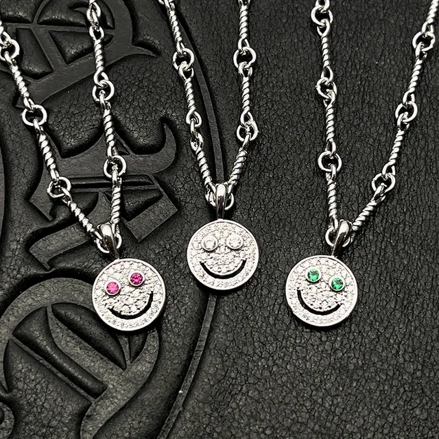 Silver Multicolor Twisted Rope Chain Pave-Set Smiley Face Pendant Necklace 9
