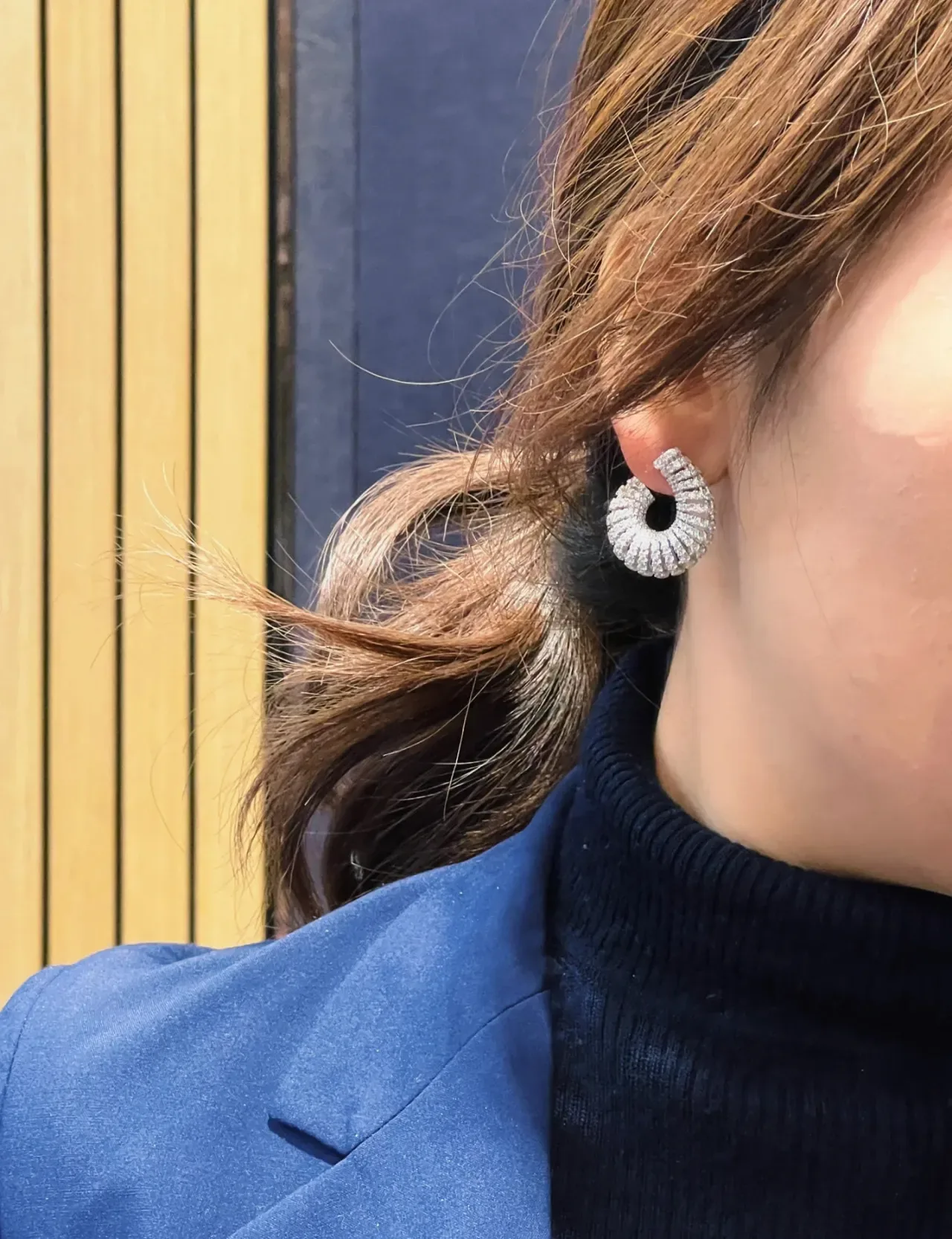 Silver Navy Coiled Pavé Hoop Textured Metallic Earrings 4