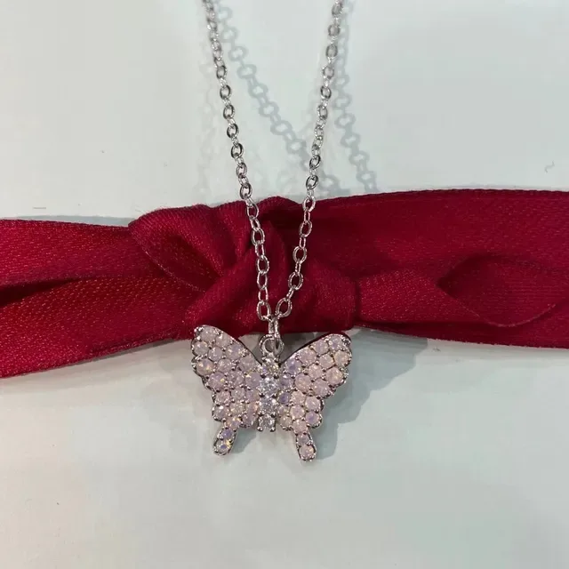 Silver Pink Pavé-Set Butterfly Motif Delicate Chain Necklace Earrings 3