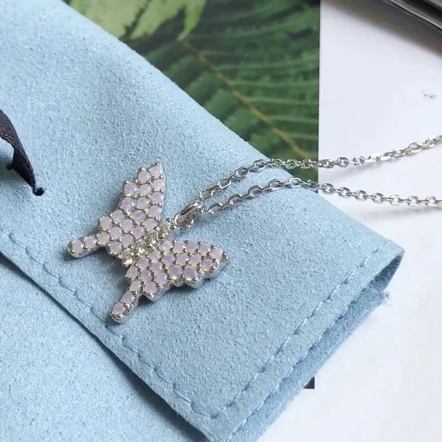 Silver Pink Pavé-Set Butterfly Motif Delicate Chain Necklace Earrings 5