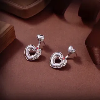Silver Red Heart-Shaped Scalloped Edge Earrings