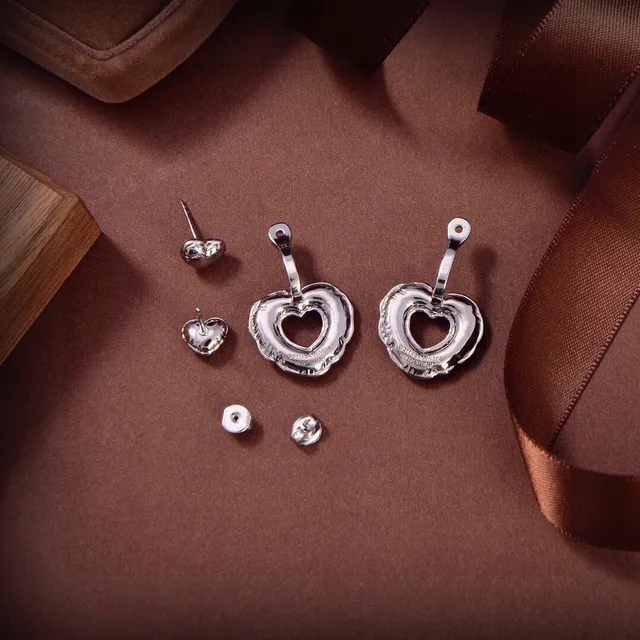 Silver Red Heart-Shaped Scalloped Edge Earrings 5