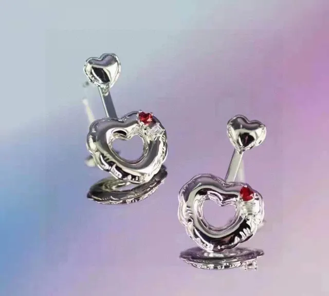 Silver Red Heart-Shaped Scalloped Edge Earrings 6