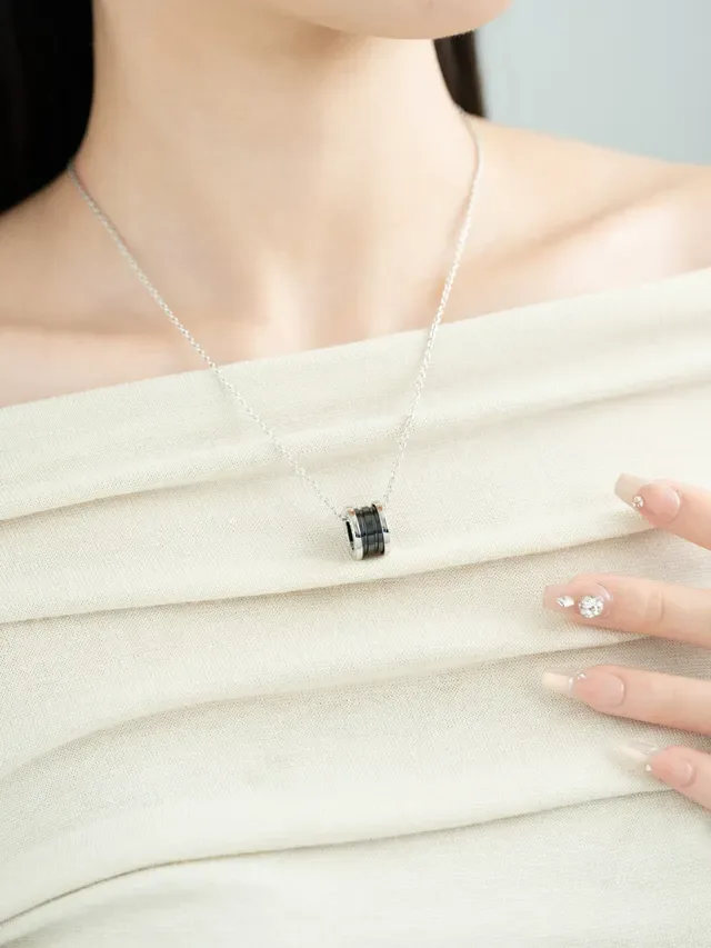 Silver-Tone and Black Multi-Ring Cylindrical Pendant Necklace 2