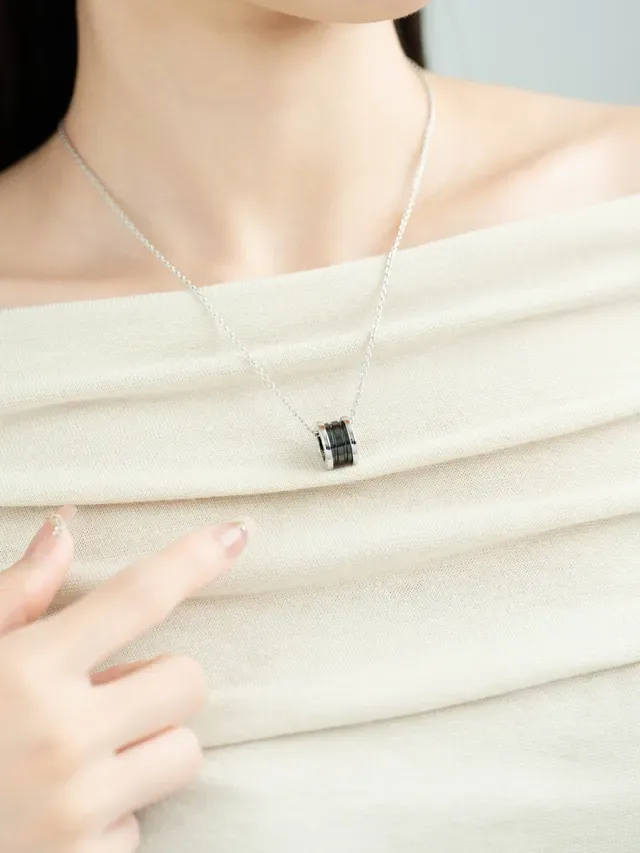 Silver-Tone and Black Multi-Ring Cylindrical Pendant Necklace 4