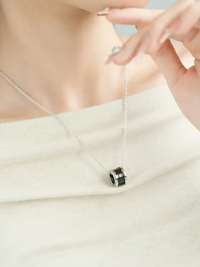 Silver-Tone and Black Multi-Ring Cylindrical Pendant Necklace 5