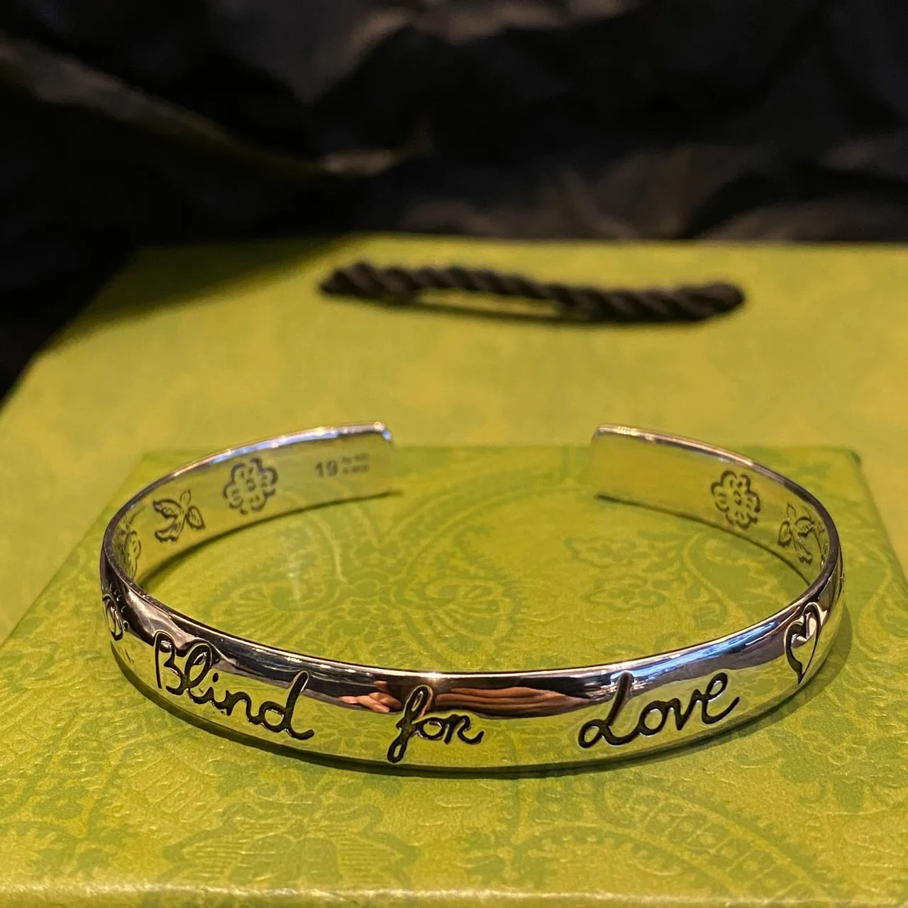 Silver-Tone 'Blind for Love' Engraved Open Cuff Bracelet 7