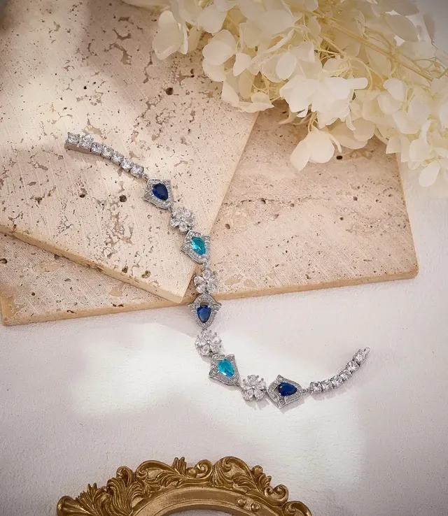 Silver-Tone Blue and Turquoise Teardrop Crystal Floral Motif Bracelet 3