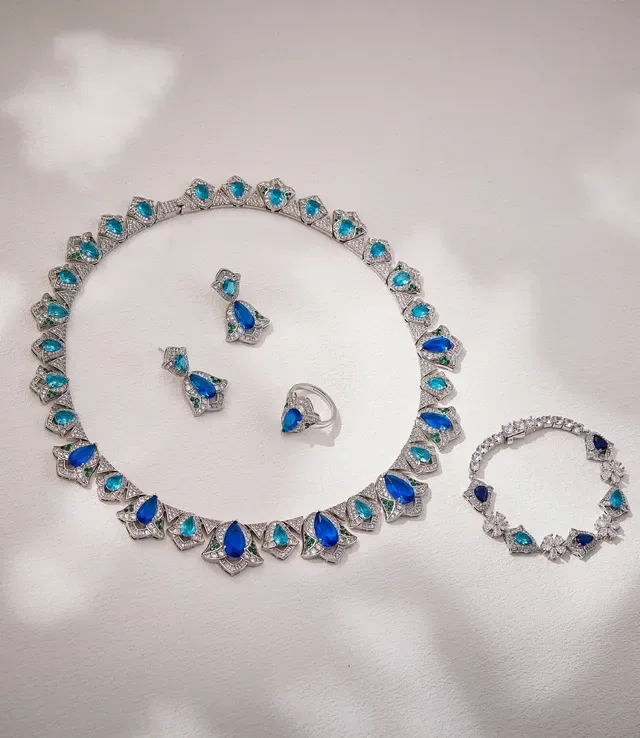 Silver-Tone Blue and Turquoise Teardrop Crystal Floral Motif Bracelet 4