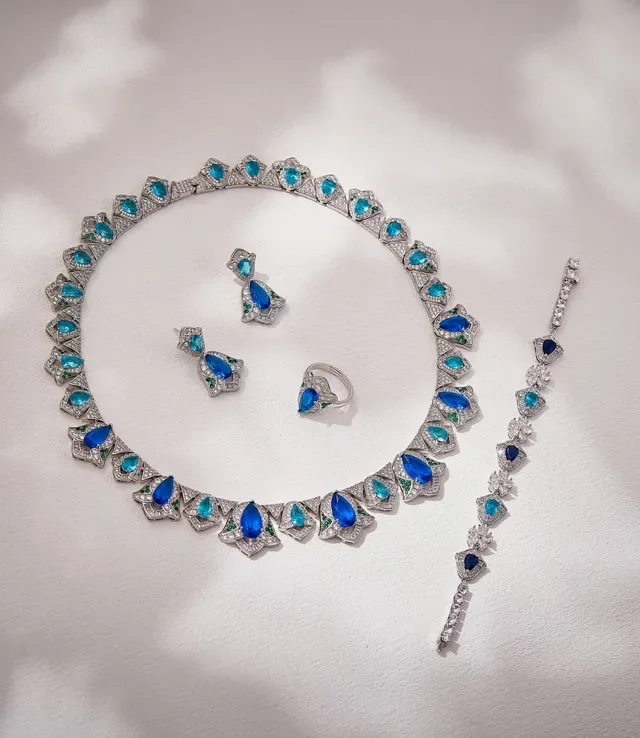 Silver-Tone Blue and Turquoise Teardrop Crystal Floral Motif Bracelet 6