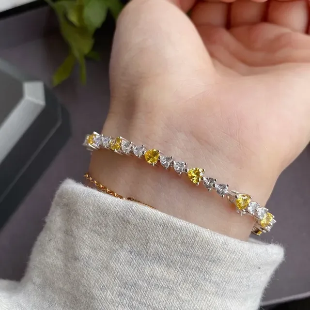 Silver-Tone Heart Stone Alternating Yellow and Clear Bracelet 6