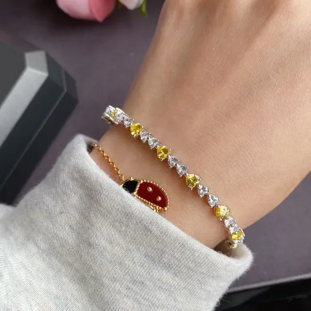 Silver-Tone Heart Stone Alternating Yellow and Clear Bracelet 7
