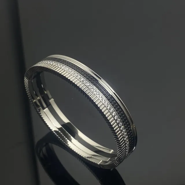 Silver-Tone Multi-Band Pavé-Set Ridge Texture Bracelet 3