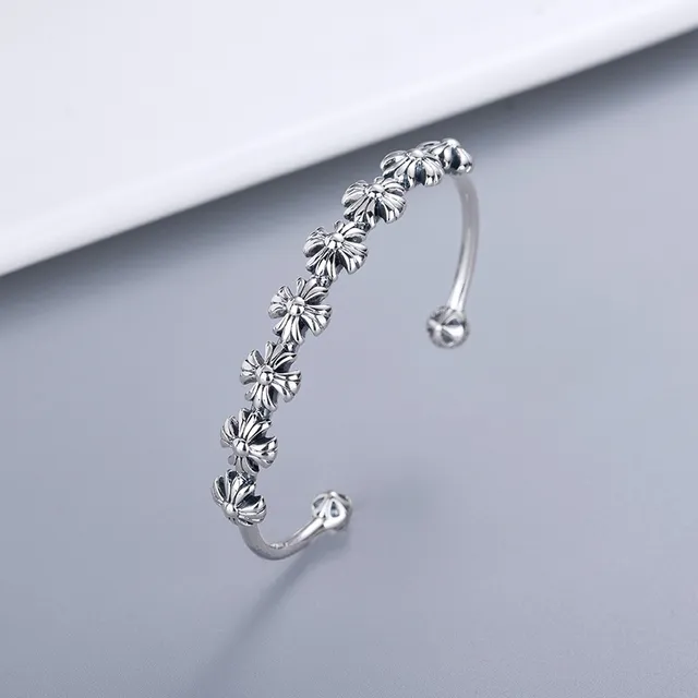 Silver-Toned Floral Motif Open Cuff Bracelet 3