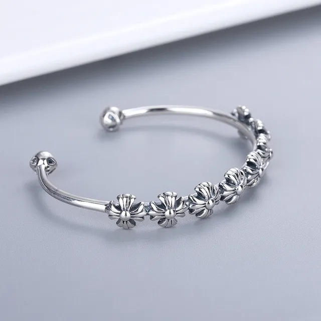 Silver-Toned Floral Motif Open Cuff Bracelet 5