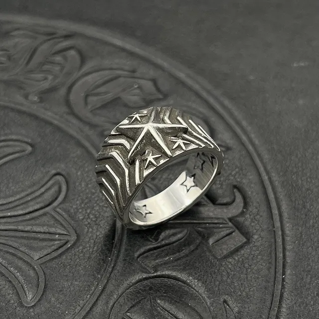 Silver-Toned Geometric Star Relief Wide Band Ring 6