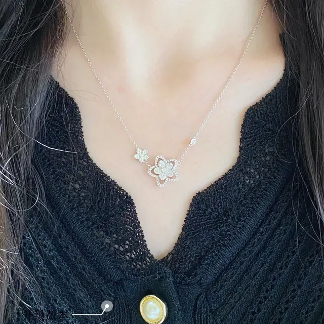 Silver-Toned Pavé Flower Dual-Pendant Necklace 9