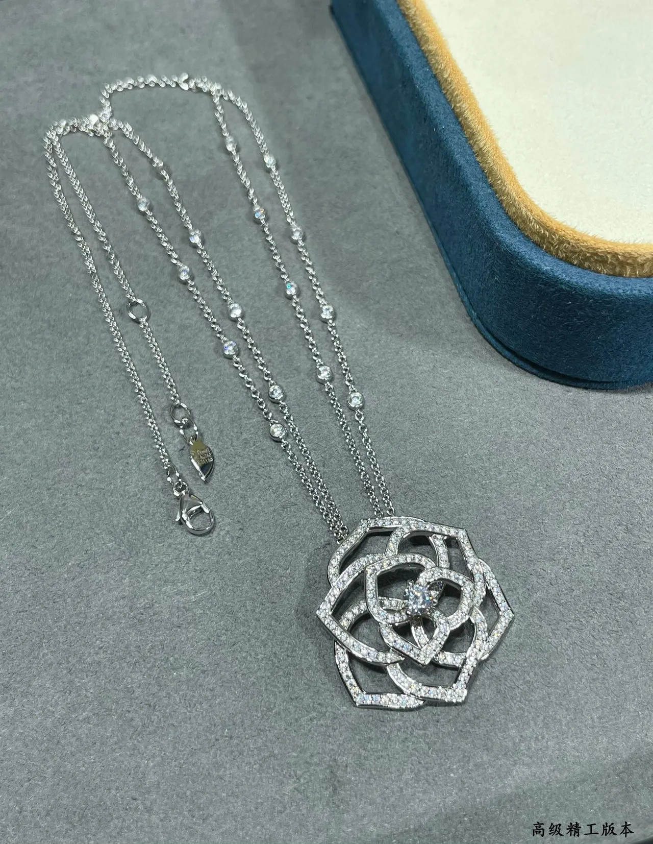 Silver-Toned Pavé Rose Openwork Pendant Necklace 3