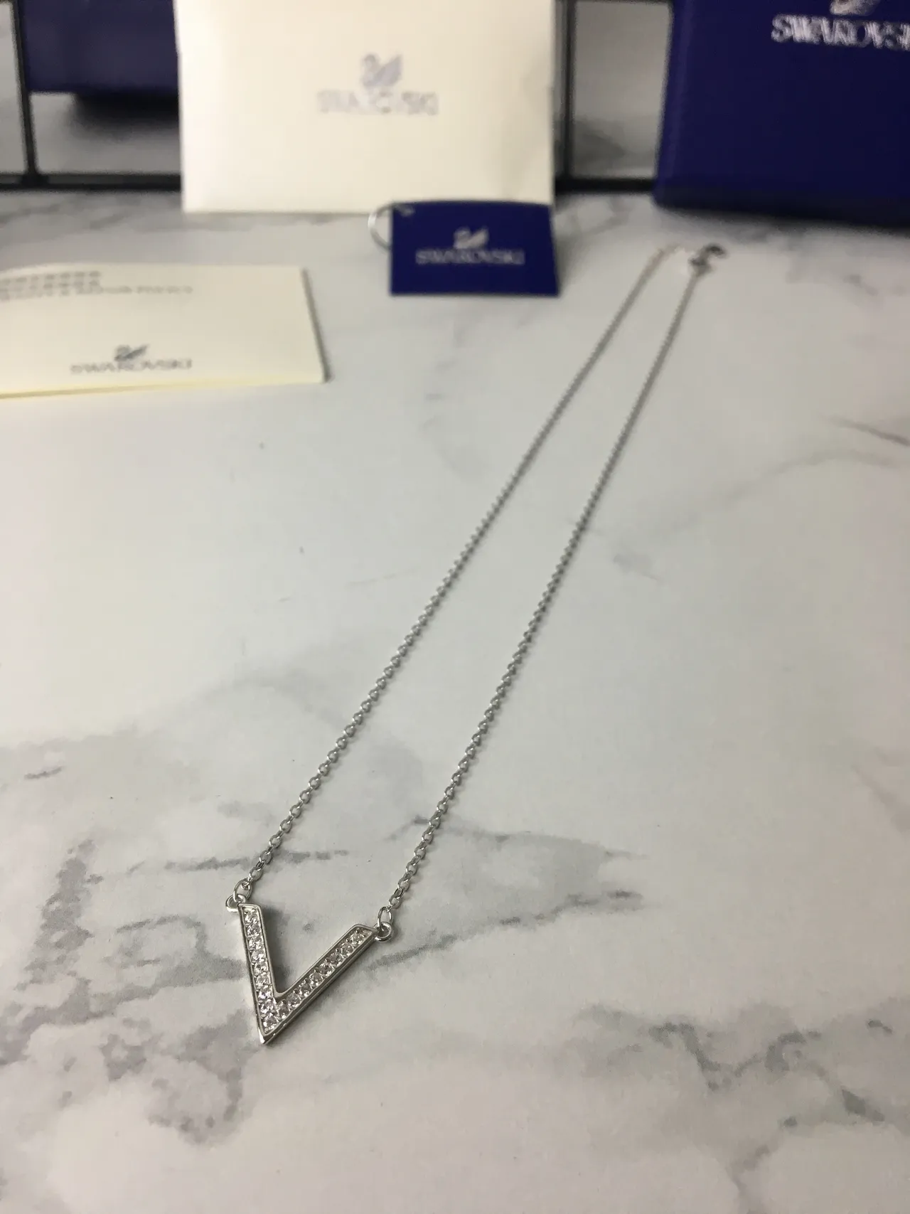 Silver-Toned V-Shaped Pavé Stone Pendant Necklace 6