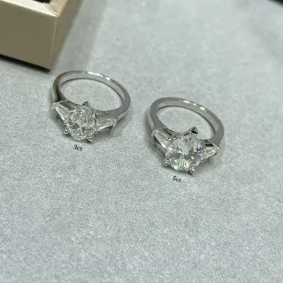 Silver Transparent Pear-Cut Center Stone Tapered Baguette Side Stones Ring