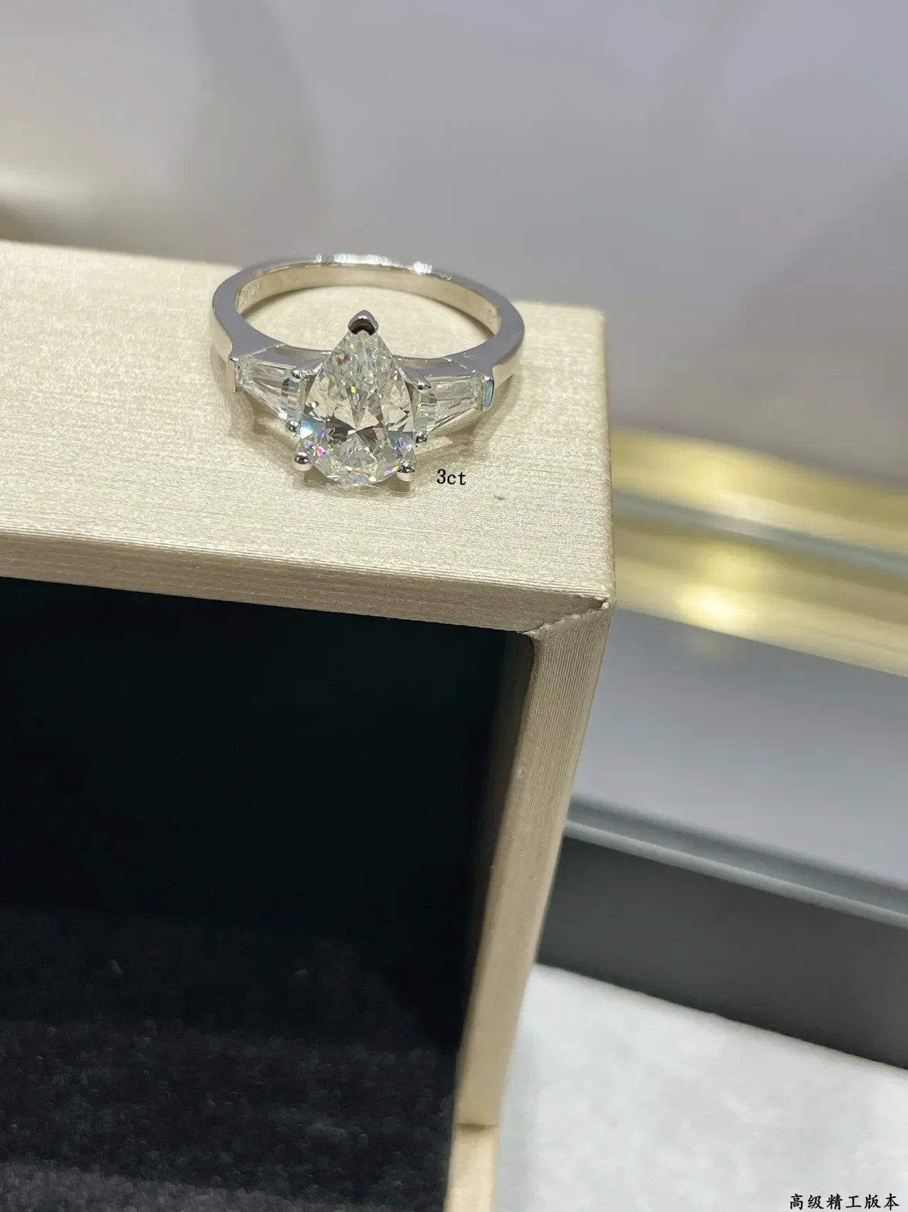 Silver Transparent Pear-Cut Center Stone Tapered Baguette Side Stones Ring 5