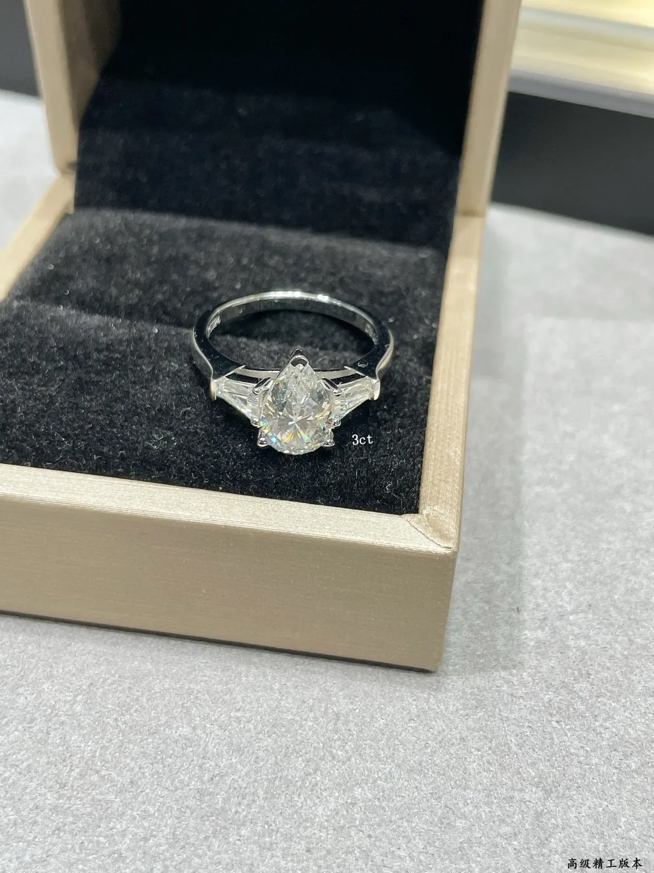 Silver Transparent Pear-Cut Center Stone Tapered Baguette Side Stones Ring 6