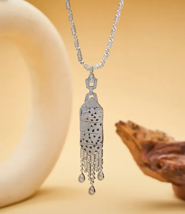 Silver White Pavé Gemstone Fringe Tassel Necklace 7