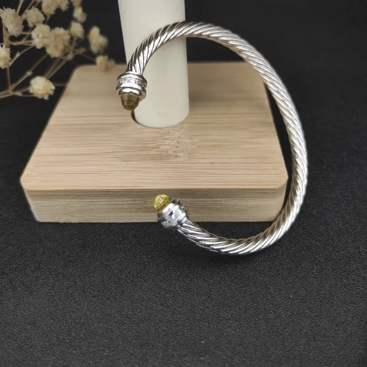 Silver Yellow Twisted Cable Faceted Stone Terminals Bracelet 7