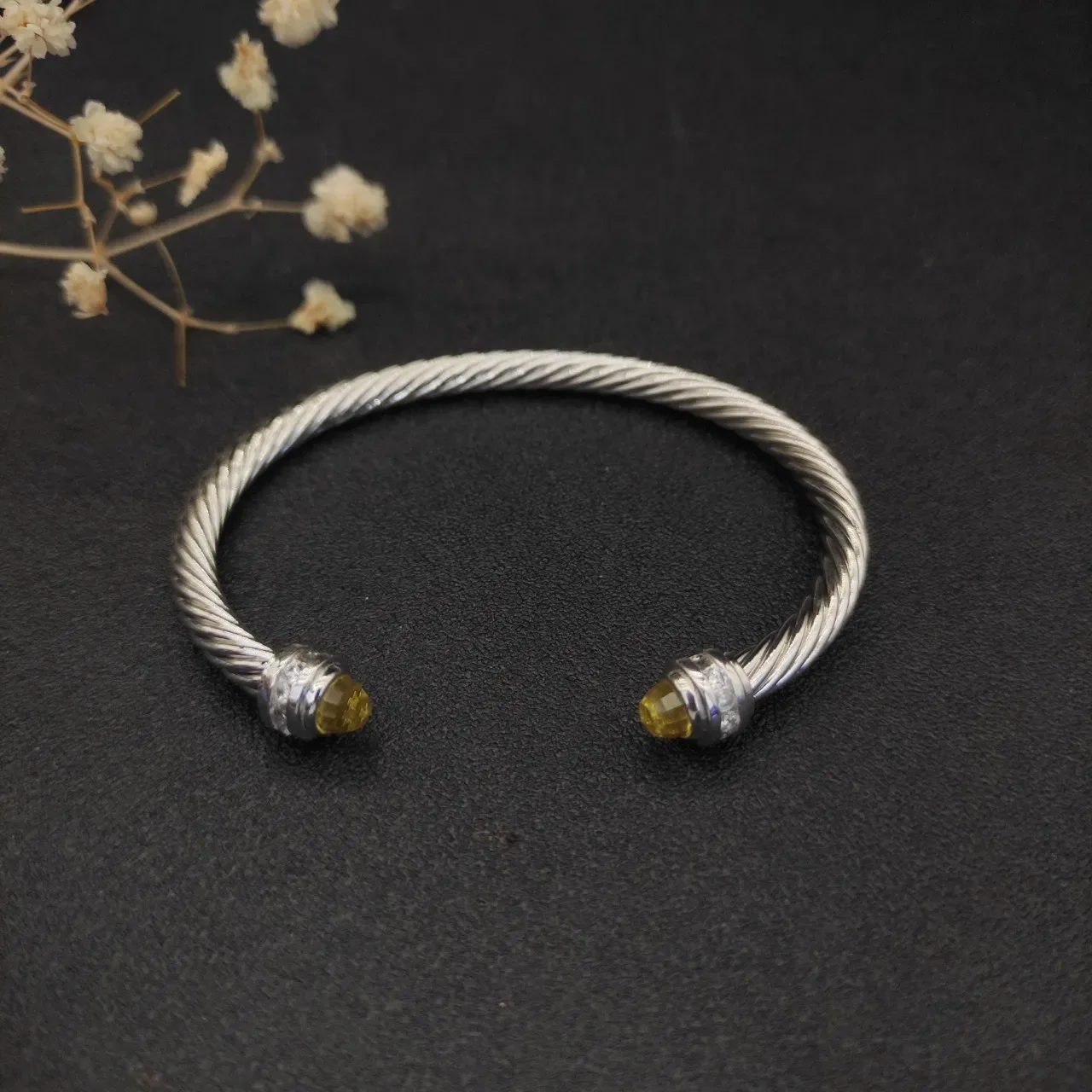 Silver Yellow Twisted Cable Faceted Stone Terminals Bracelet 8