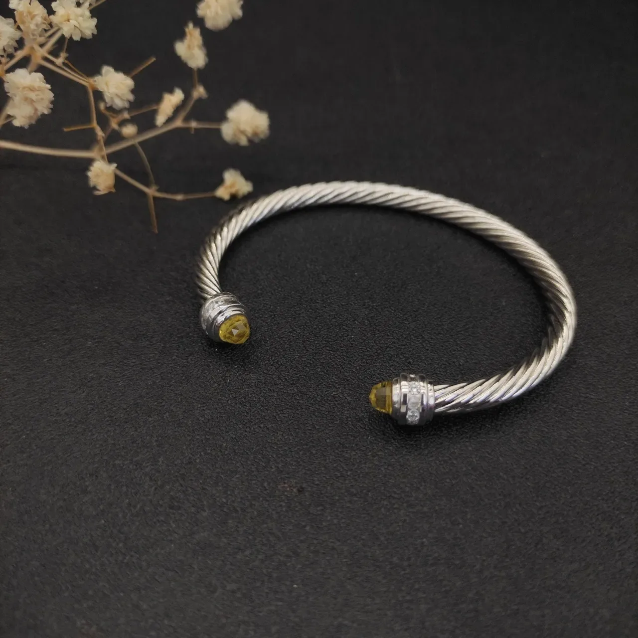 Silver Yellow Twisted Cable Faceted Stone Terminals Bracelet 9