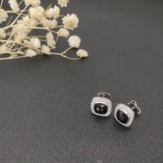 Square Cushion Black Stone Pavé Halo Stud Earrings