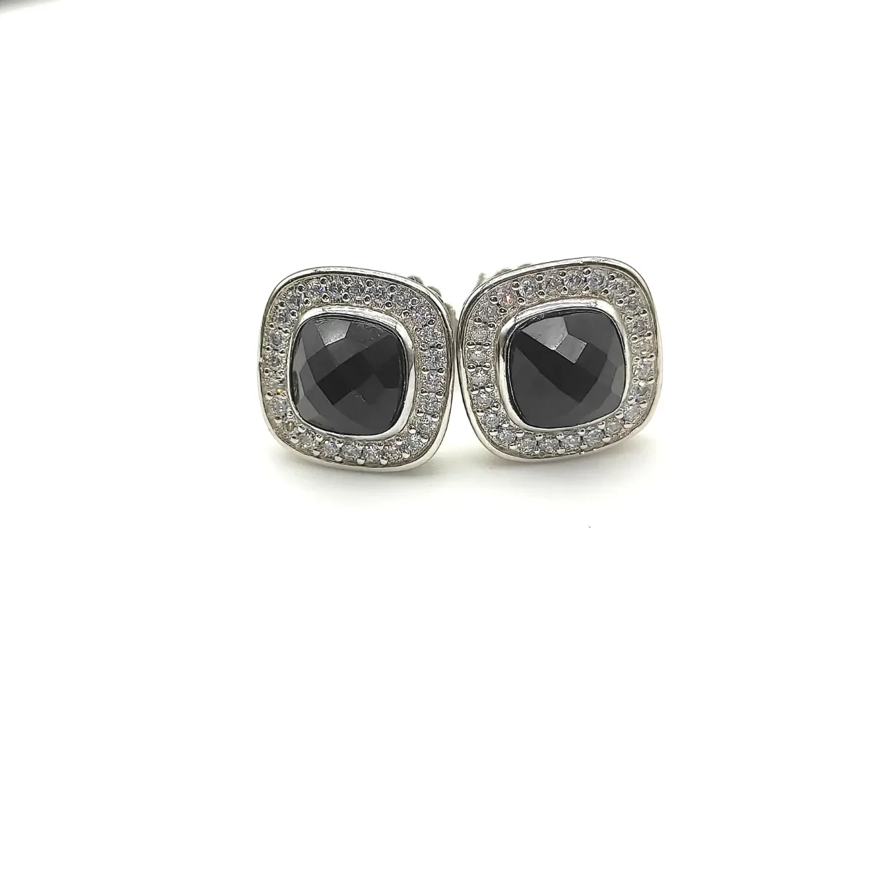 Square Cushion Black Stone Pavé Halo Stud Earrings 2