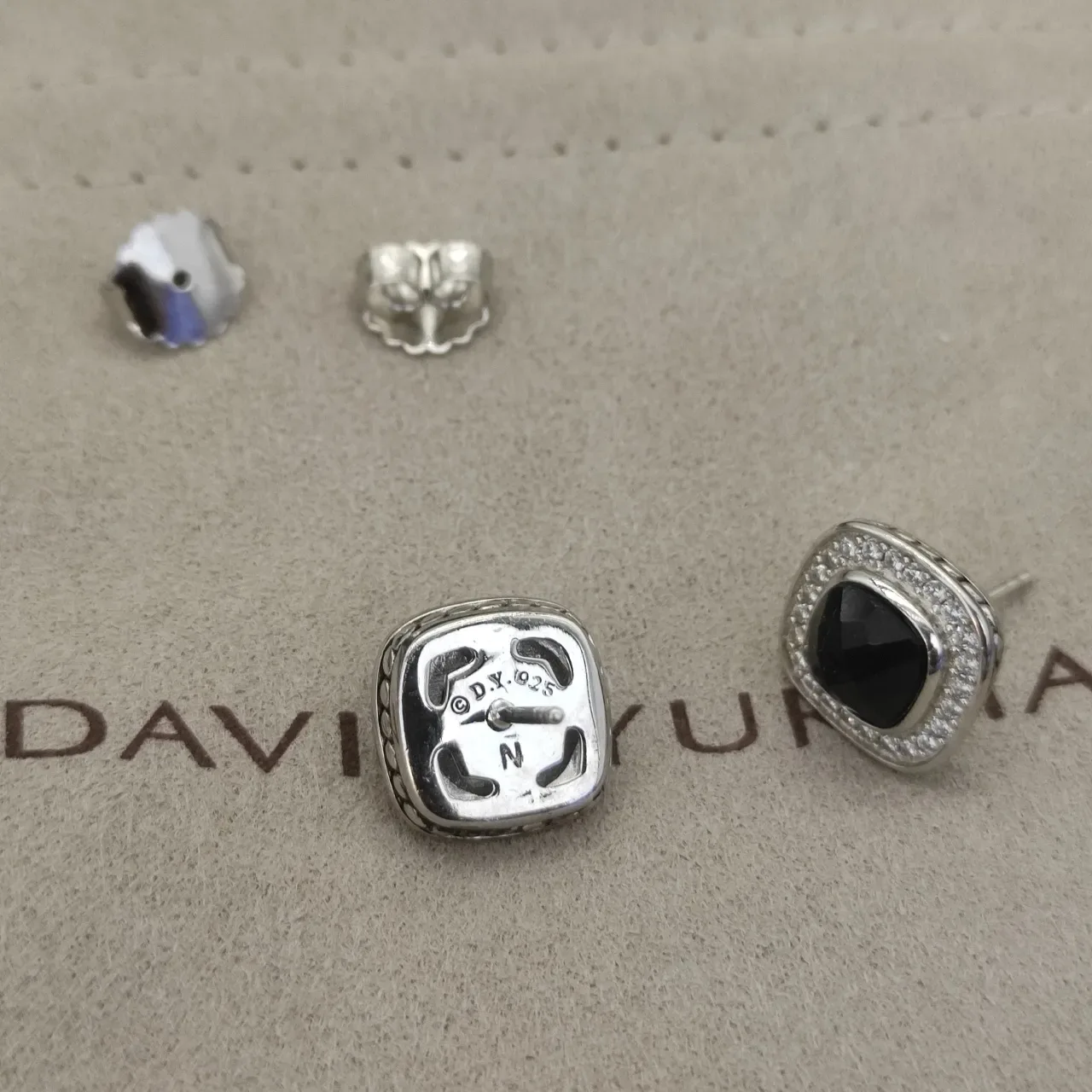 Square Cushion Black Stone Pavé Halo Stud Earrings 4