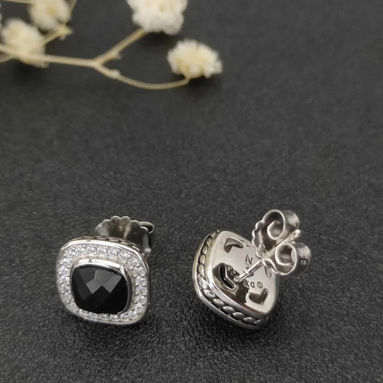 Square Cushion Black Stone Pavé Halo Stud Earrings 6