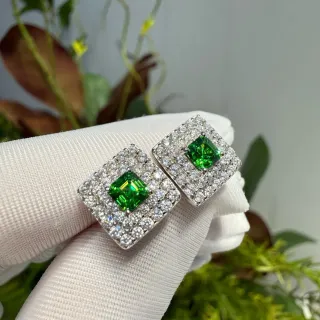 Square Green Gemstone Double-Halo Pavé Stud Earrings