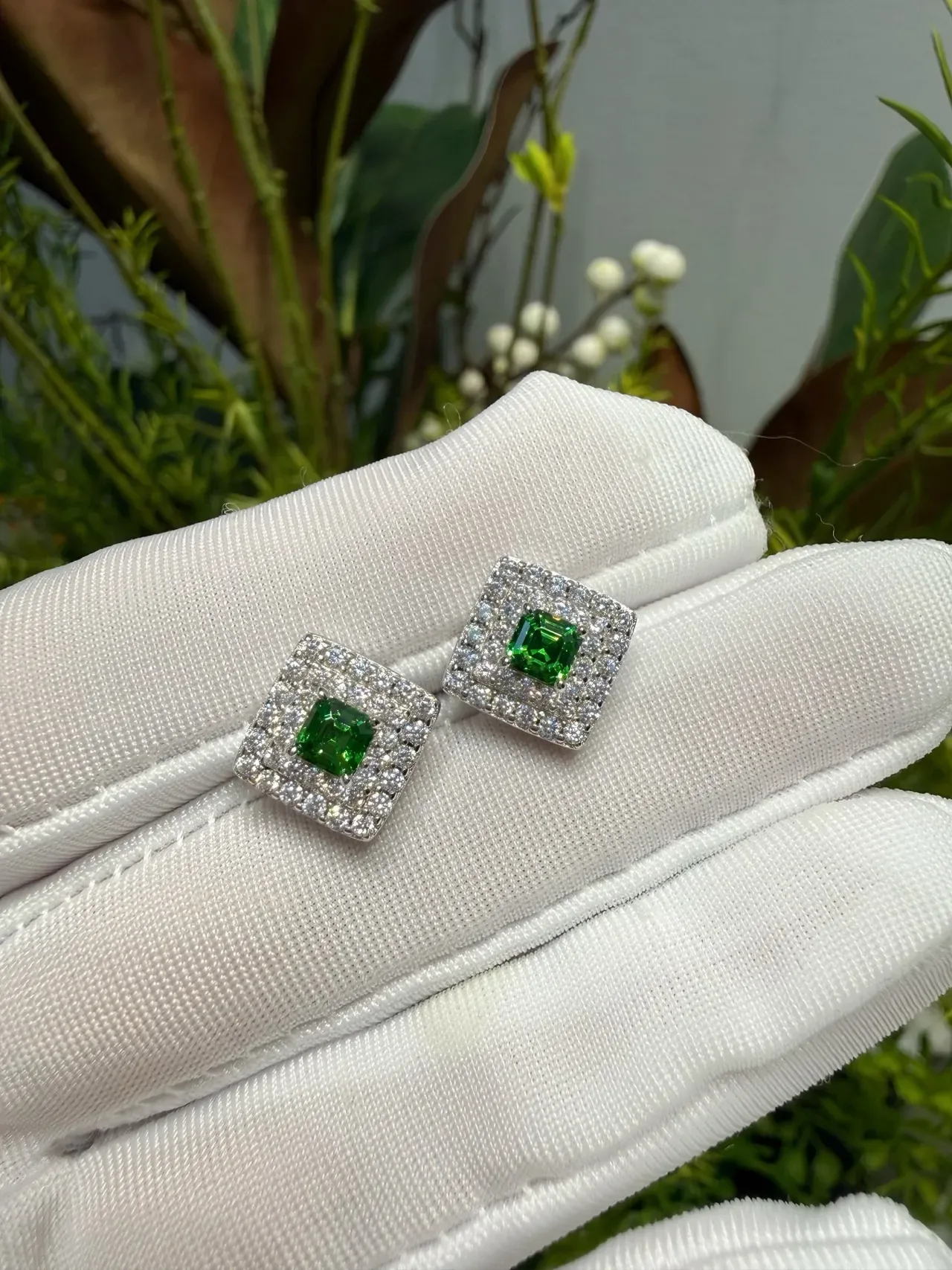Square Green Gemstone Double-Halo Pavé Stud Earrings 2