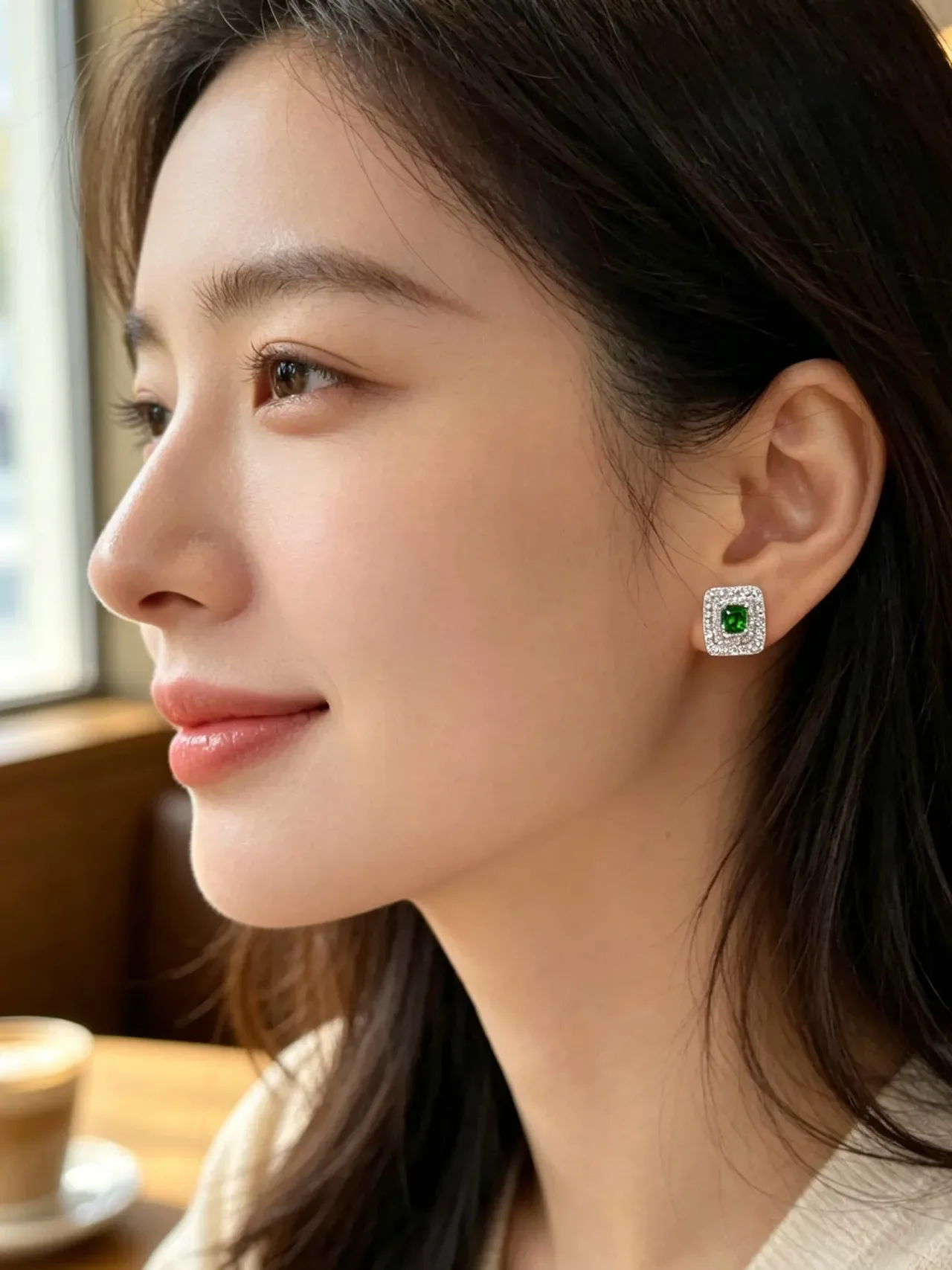 Square Green Gemstone Double-Halo Pavé Stud Earrings 3