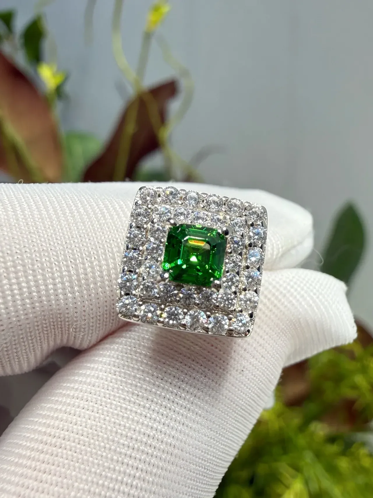Square Green Gemstone Double-Halo Pavé Stud Earrings 4